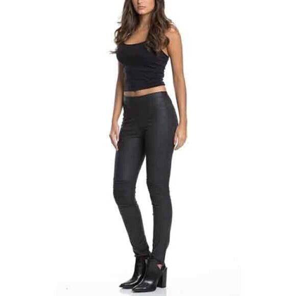 Elan Faux Leather Moto Leggings Pleated Knee Medium Rise Black Stretchy Small - Picture 1 of 6
